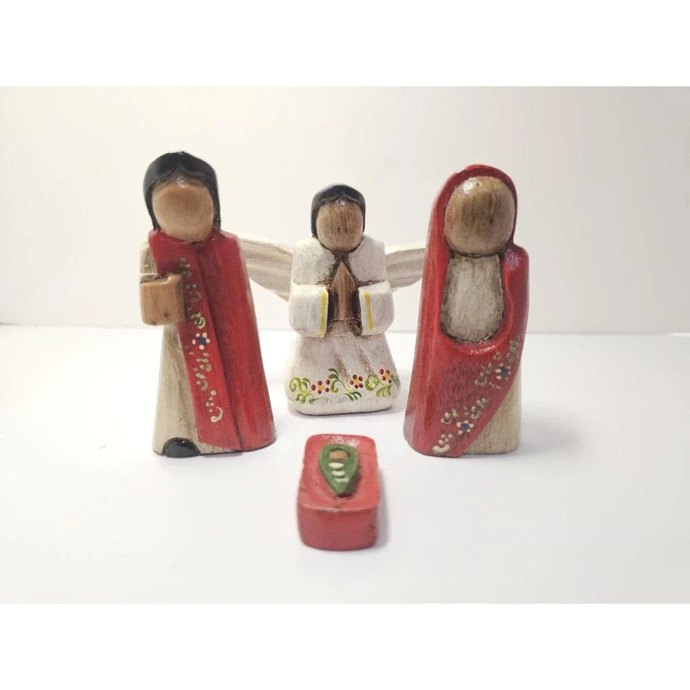 Artisan Wooden Hand Painted & Glazed Nativity Scene Set Mary Joseph Jesus Angel